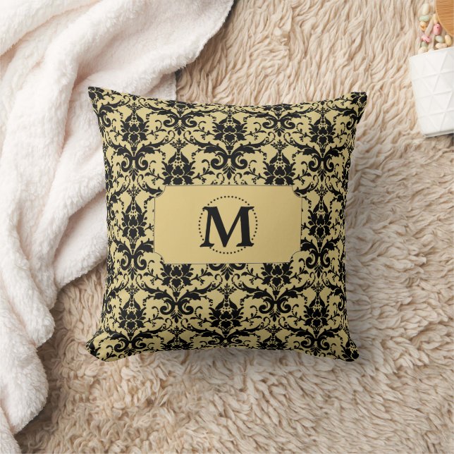 Gold Black Damask Monogram Kissen (Decke)