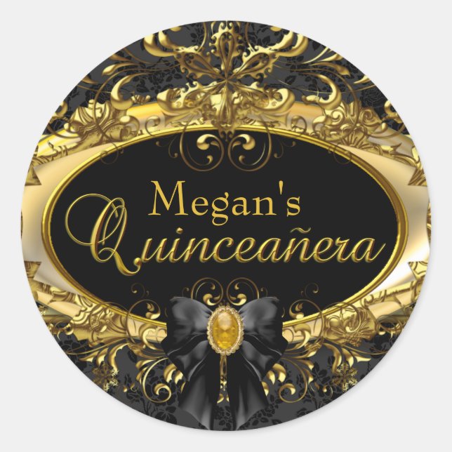 Gold & Black Damask Quinceanera Sticker (Vorderseite)