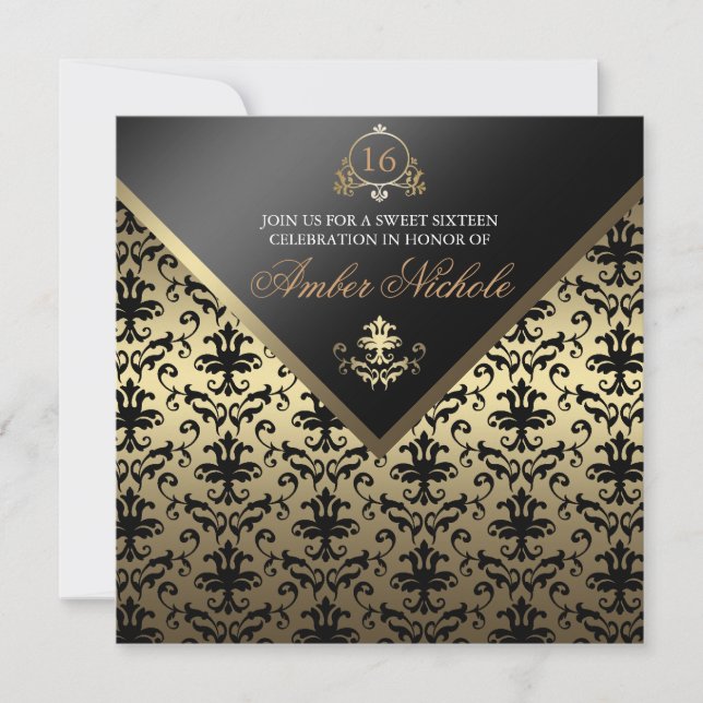 Gold & Black Damask Sweet 16 Einladung (Vorderseite)