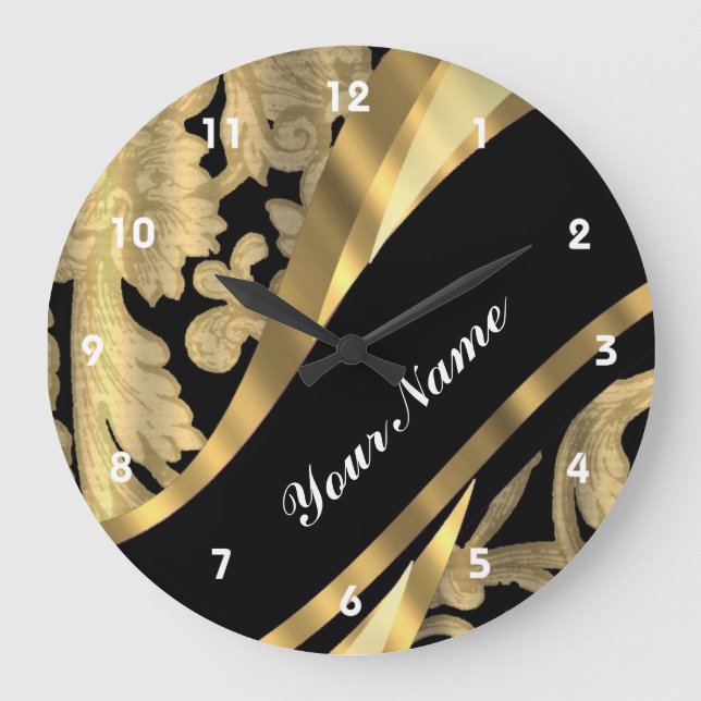 Gold & black damask swirl große wanduhr (Vorderseite)