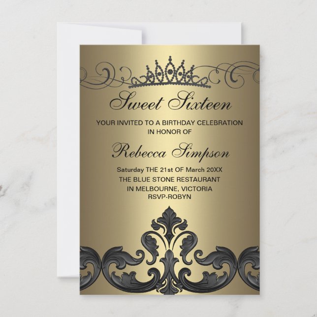 Gold & Black Damask & Tiara Invitation Anniversair (Devant)
