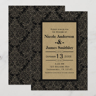 Gold & Black Damast Art Deco Glamour Chic Hochzeit Einladung
