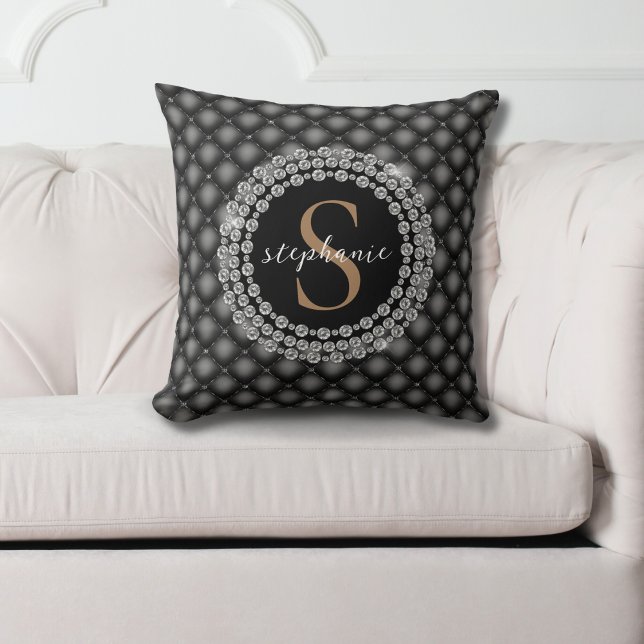 Gold Black Diamonds Monogram Tufted Elegant Luxury Kissen (Mockup view)