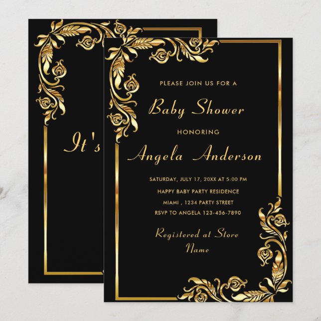 Gold Black Elegant Baby Girl Shower Invitation (Devant / Derrière)
