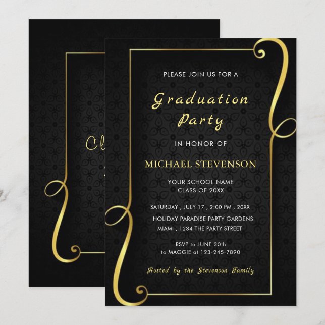 Gold Black Elegant encadré Invitation de graduatio (Devant / Derrière)