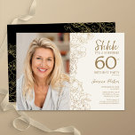 Gold Black Elegant Überraschung Foto 60. Geburtsta Einladung<br><div class="desc">Blütengoldcreme und schwarze Überraschung 60. Geburtstagsfeier mit Ihrem Foto auf der Vorderseite der Karte. Elegantes modernes Design mit botanischen Kontur Zeichnungen Akzente und Typografie Drehbuch Schriftart. Einfache,  trendige Einladungskarte für eine stilvolle Damenfeier. Kann für jedes Alter angepasst werden. Gedruckte Zazzle Einladungen oder Sofortdownload digitalen druckbaren Vorlage.</div>