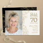 Gold Black Elegant Überraschung Foto 70. Geburtsta Einladung<br><div class="desc">Blütengoldcreme und schwarze Überraschung 70. Geburtstagsfeier mit Ihrem Foto auf der Vorderseite der Karte. Elegantes modernes Design mit botanischen Kontur Zeichnungen Akzente und Typografie Drehbuch Schriftart. Einfache,  trendige Einladungskarte für eine stilvolle Damenfeier. Kann für jedes Alter angepasst werden. Gedruckte Zazzle Einladungen oder Sofortdownload digitalen druckbaren Vorlage.</div>