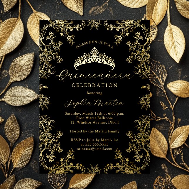 Gold Black Elegant Vintag Quinceanera Folieneinladung (Von Creator hochgeladen)
