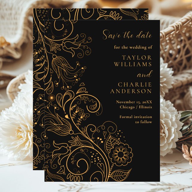 Gold Black Elegante Blumenhochzeit rettet das Datu Save The Date (Von Creator hochgeladen)