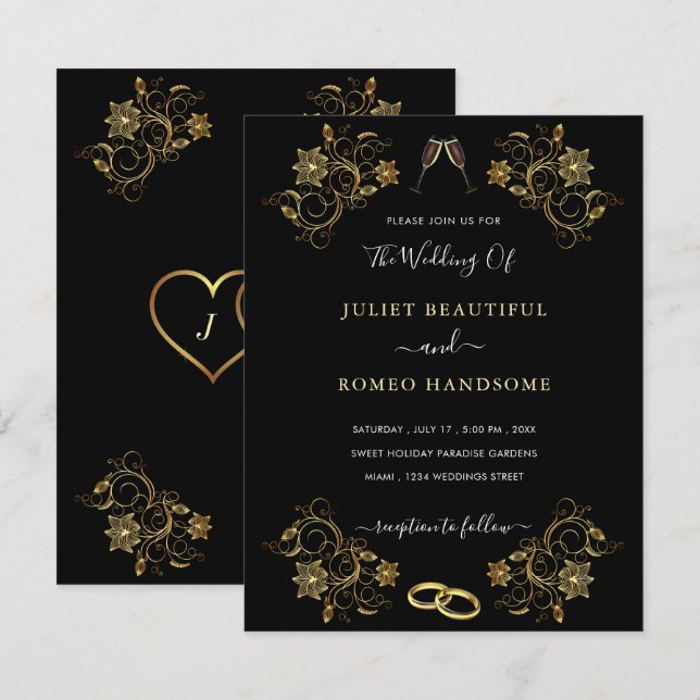 Gold Black Elegante Design Hochzeitskarte Mitteilungskarte (Vorne/Hinten)