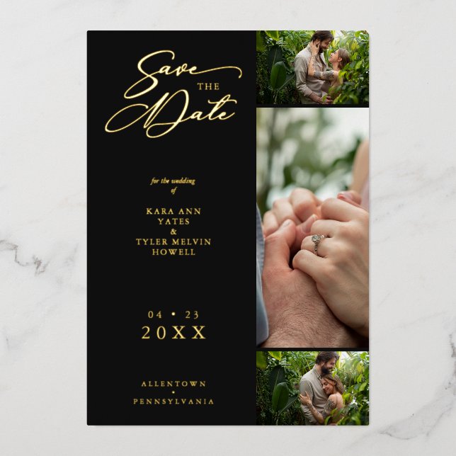 Gold Black Extravagant Collage 3 Fotos Couple Wedd Folieneinladung (Vorderseite)