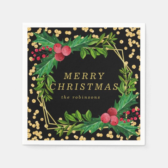 Gold Black Family Christmas Party Holly Glitzer Serviette (Vorderseite)