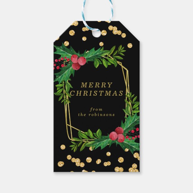 Gold Black Family Frohe Weihnachten Holly Glitzer Geschenkanhänger (Vorderseite)