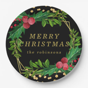 Gold Black Family Frohe Weihnachten Holly Glitzer Pappteller