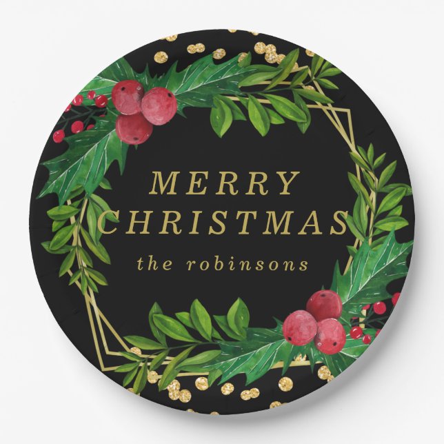 Gold Black Family Frohe Weihnachten Holly Glitzer Pappteller (Vorderseite)