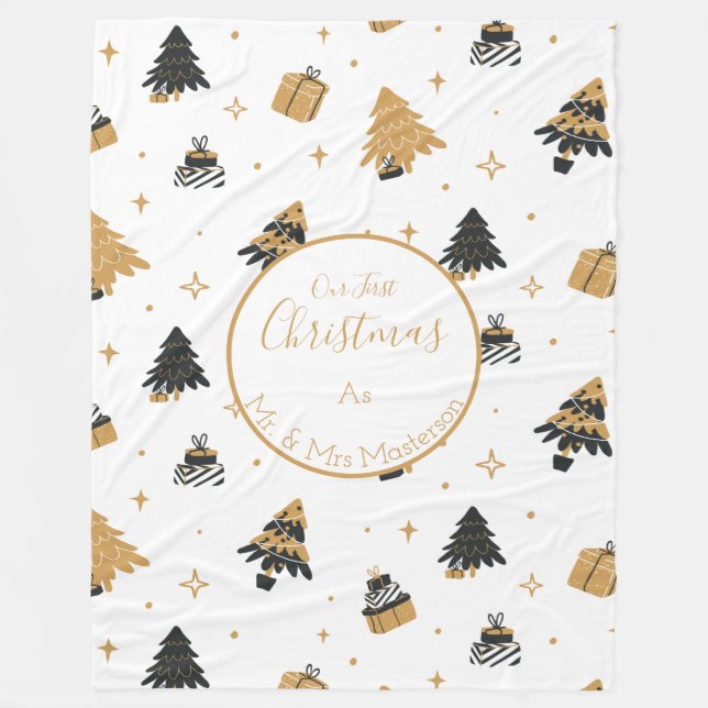 Gold Black First Christmas Tree Muster Custom Fleecedecke (Vorderseite)