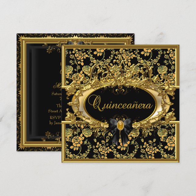 Gold & Black Floral Damask Quinceanera Einladung (Vorne/Hinten)