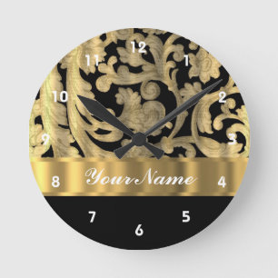 Gold & black floral damask runde wanduhr