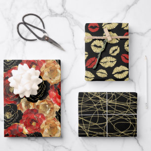Gold Black Floral Lips Party Brautparty Geschenkpapier Set