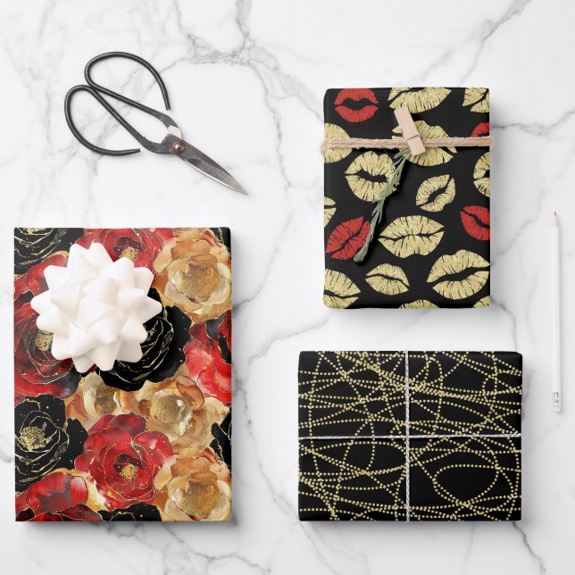Gold Black Floral Lips Party Brautparty Geschenkpapier Set (Vorderseite)