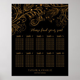 Gold Black Floral Wedding 10 Tables Seating Chart Poster