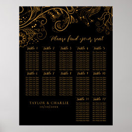 Gold Black Floral Wedding 12 Tables Seating Chart Poster
