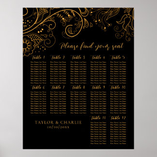 Gold Black Floral Wedding 12 Tables Seating Chart Poster