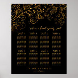 Gold Black Floral Wedding 8 Tables Seating Chart Poster