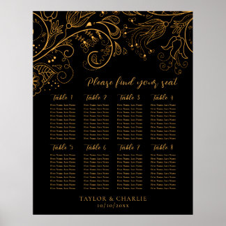 Gold Black Floral Wedding 8 Tables Seating Chart Poster