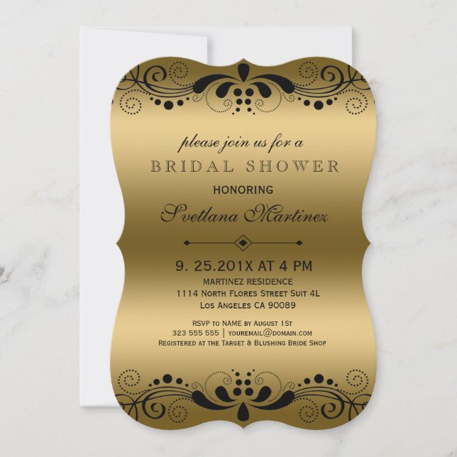 Gold Black Floral Wirbel Brautparty Einladung (Vorderseite)