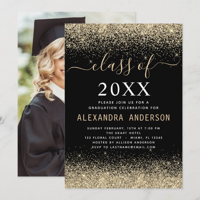 Gold Black Foto Graduation Party Class of 2023 Einladung (Vorne/Hinten)