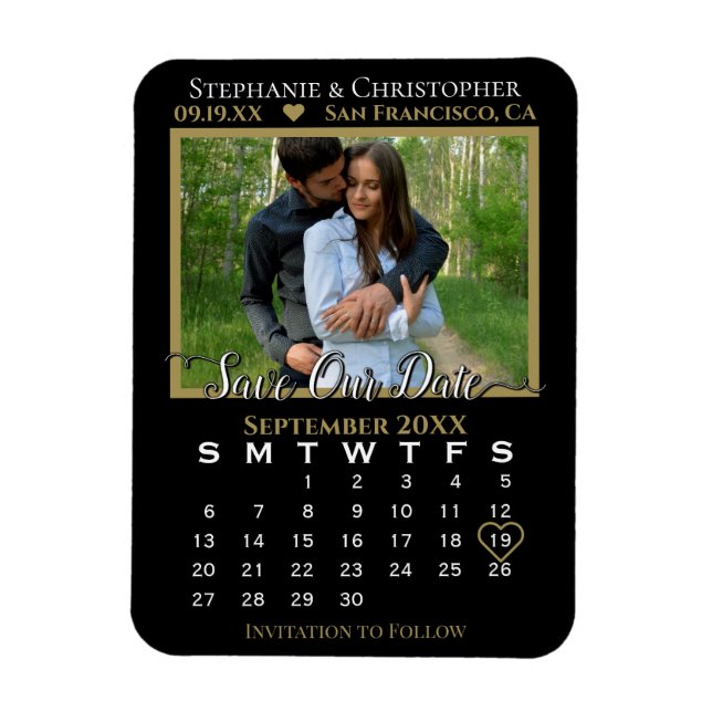 Gold & Black Foto Kalender Rette unsere Hochzeit Magnet (Vertikal)