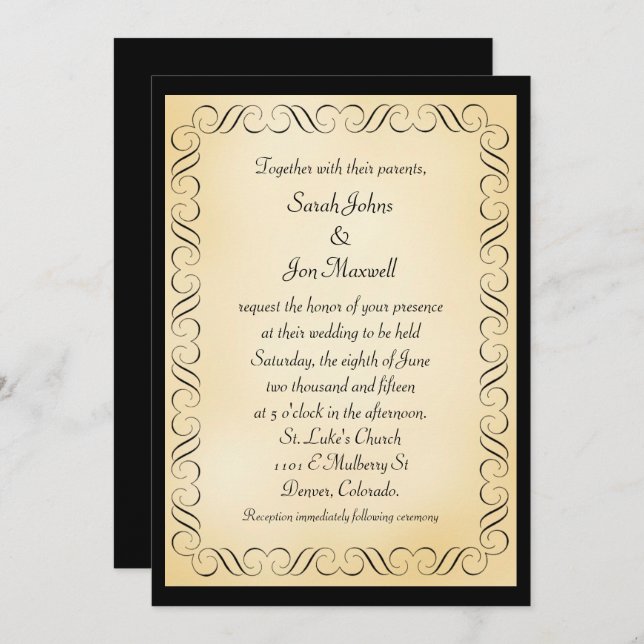 Gold Black Frame Wedding Einladung (Vorne/Hinten)