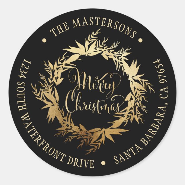 Gold Black Frohe Weihnachtsferien Rücksendeadresse Runder Aufkleber (Vorderseite)