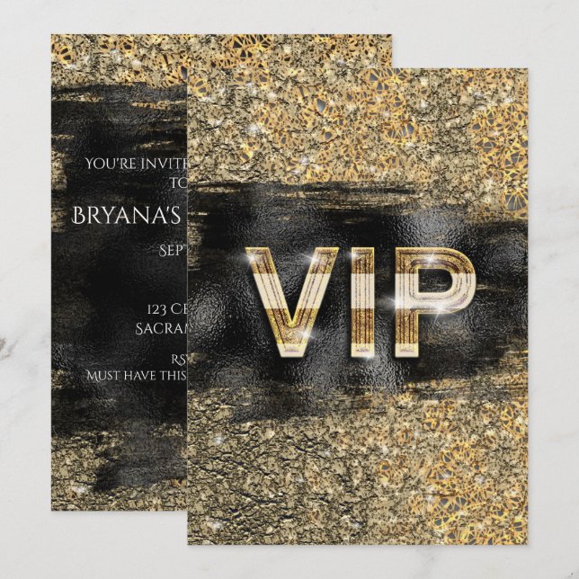 Gold & Black Glam Chic Club VIP Party Invitations (Devant / Derrière)