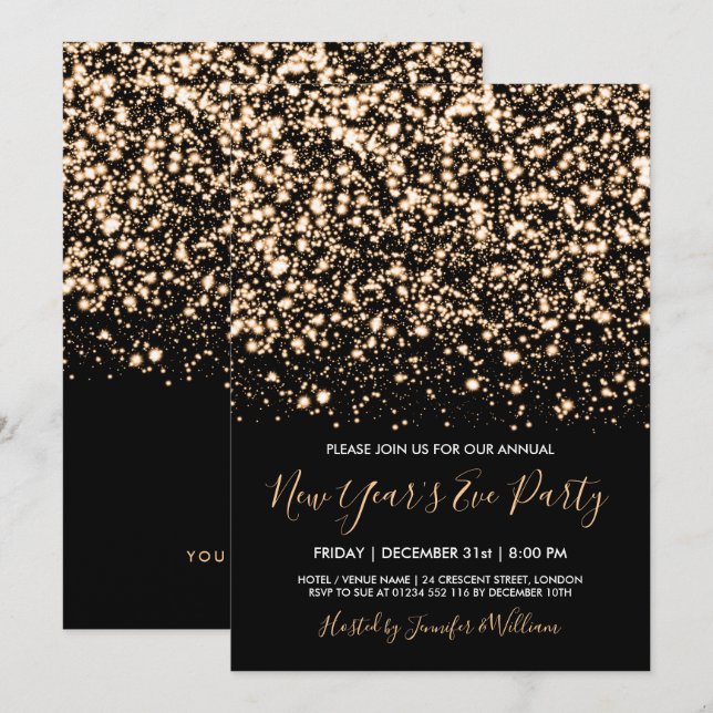 Gold & Black Glam Silvester Party Einladung (Vorne/Hinten)