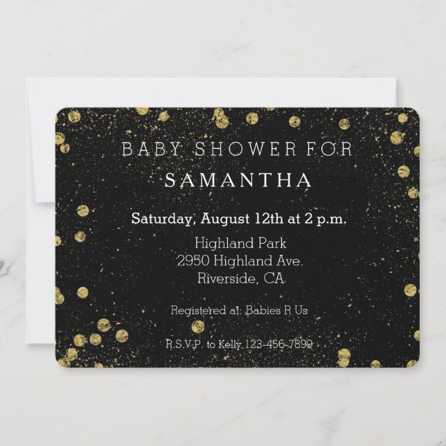 Gold Black Glittery Confetti Dos Babydusche Einladung (Vorderseite)