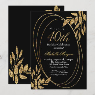 Gold Black Glitzer 40. Geburtstagsfeier Einladung