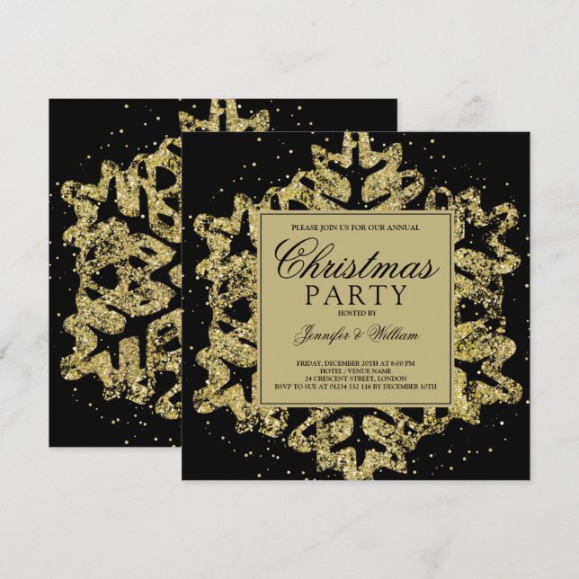 Gold & Black Glitzer Elegante Weihnachten Weihnach Einladung (Vorne/Hinten)