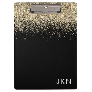 Gold Black Glitzer Girly Monogram Initials Klemmbrett