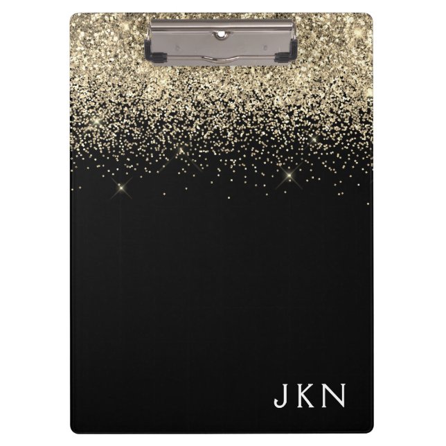 Gold Black Glitzer Girly Monogram Initials Klemmbrett (Vorderseite)