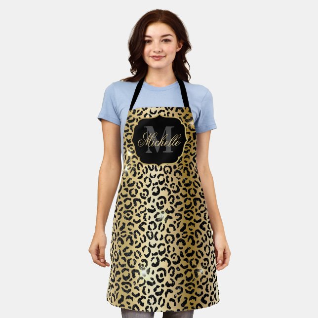 Gold & Black Glitzer Glam Leopard Spots drucken Schürze (Getragen)