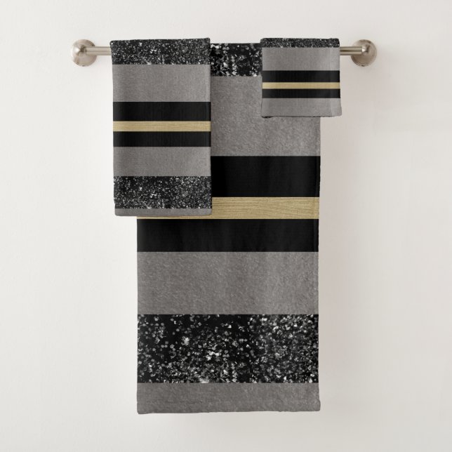 Gold Black Glitzer Glam Stripes #1 (Imitats Glitze Badhandtuch Set (Insitu)