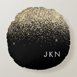 Gold Black Glitzer Monogram Girly Initials Rundes Kissen