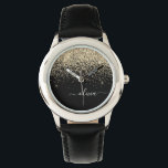 Gold Black Glitzer Script Monogram Girlaname Armbanduhr<br><div class="desc">Schwarz und Gold Sparkle Glitzer Script Monogram Name Watch. Das macht den perfekten 16 Geburtstag,  Hochzeit,  Brautparty,  Jubiläum,  Babydusche oder Junggeselinnen-Abschied Geschenk für jemanden,  der Lieben glamourösen Luxus und schicke Stile.</div>