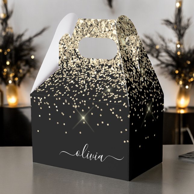 Gold Black Glitzer Script Monogram Girlaname Geschenkschachtel (Von Creator hochgeladen)