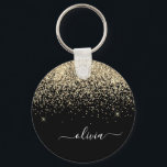 Gold Black Glitzer Script Monogram Girlaname Schlüsselanhänger<br><div class="desc">Monogram Name Keychains (Key Chain) für den Glitzer Schwarz und Gold Sparkle. Das macht den perfekten 16 Geburtstag,  Hochzeit,  Brautparty,  Jubiläum,  Babydusche oder Junggeselinnen-Abschied Geschenk für jemanden,  der Lieben glamourösen Luxus und schicke Stile.</div>