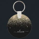 Gold Black Glitzer Script Monogram Girlaname Schlüsselanhänger<br><div class="desc">Monogram Name Keychains (Key Chain) für den Glitzer Schwarz und Gold Sparkle. Das macht den perfekten 16 Geburtstag,  Hochzeit,  Brautparty,  Jubiläum,  Babydusche oder Junggeselinnen-Abschied Geschenk für jemanden,  der Lieben glamourösen Luxus und schicke Stile.</div>