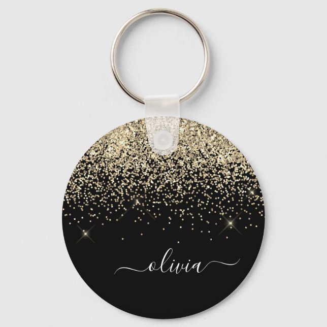 Gold Black Glitzer Script Monogram Girlaname Schlüsselanhänger (Vorderseite)