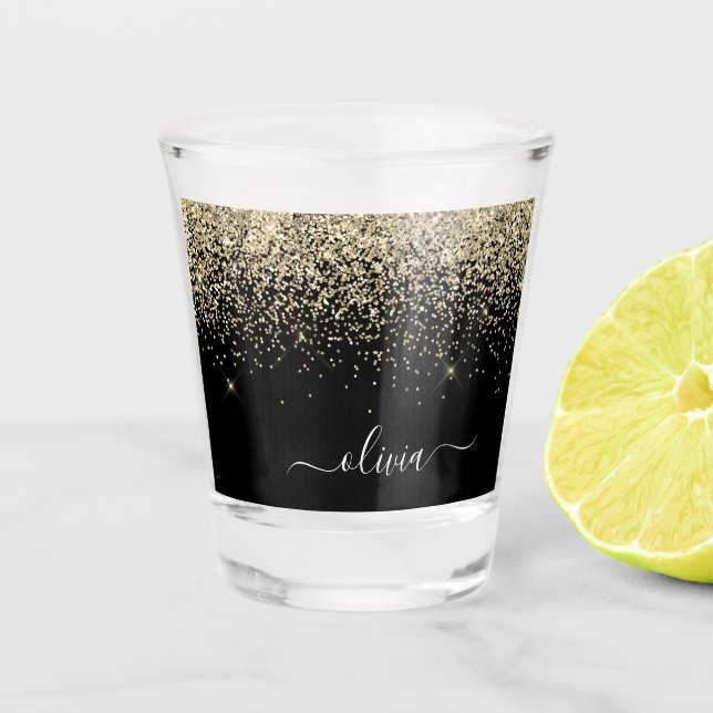 Gold Black Glitzer Script Monogram Girlaname Schnapsglas (Vorderseite)